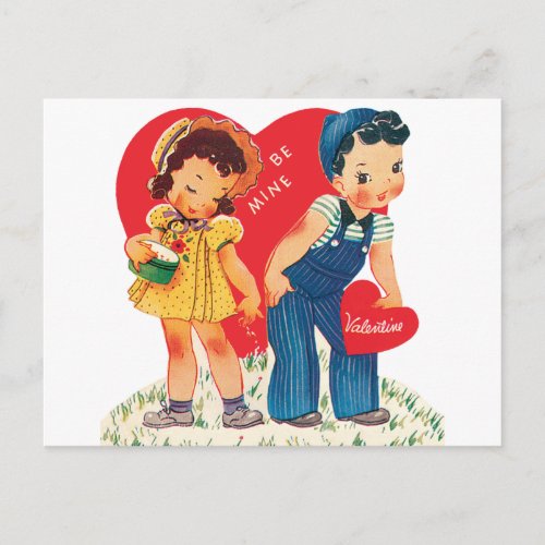 Vintage Retro Valentines Day Girl and Boy Hearts Holiday Postcard