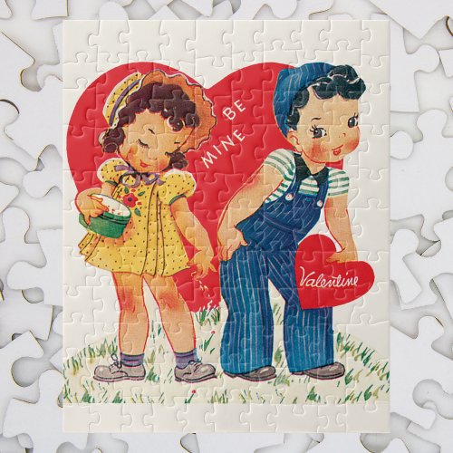 Vintage Retro Valentines Day Girl and Boy Hearts Jigsaw Puzzle