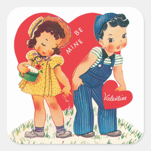 Vintage Retro Valentines Day Girl and Boy Hearts Square Sticker
