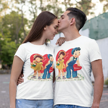 Vintage Retro Valentine's Day  Girl And Boy Hearts T-shirt by YesterdayCafe at Zazzle