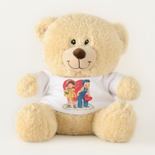 Vintage Retro Valentines Day Girl and Boy Hearts Teddy Bear