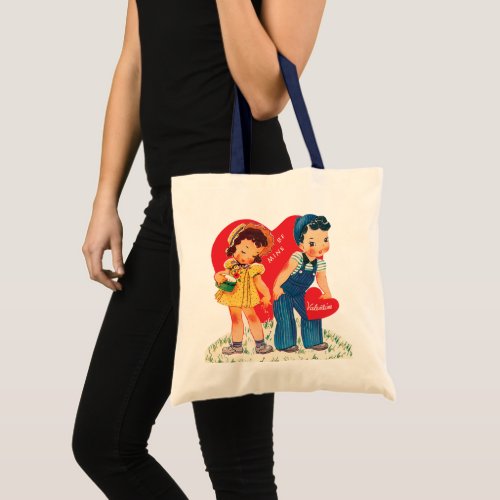 Vintage Retro Valentines Day Girl and Boy Hearts Tote Bag