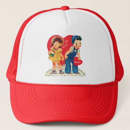 Vintage Retro Valentines Day Girl and Boy Hearts Trucker Hat