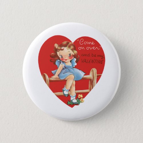 Vintage Retro Valentines Day Girl on a Fence Button