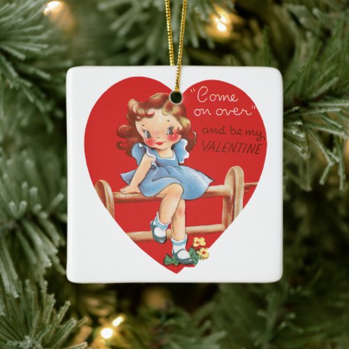 Vintage Retro Valentines Day Girl on a Fence Ceramic Ornament
