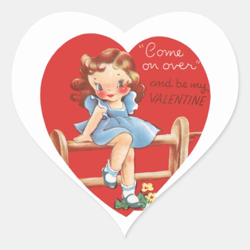 Vintage Retro Valentines Day Girl on a Fence Heart Sticker