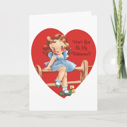 Vintage Retro Valentines Day Girl on a Fence Holiday Card