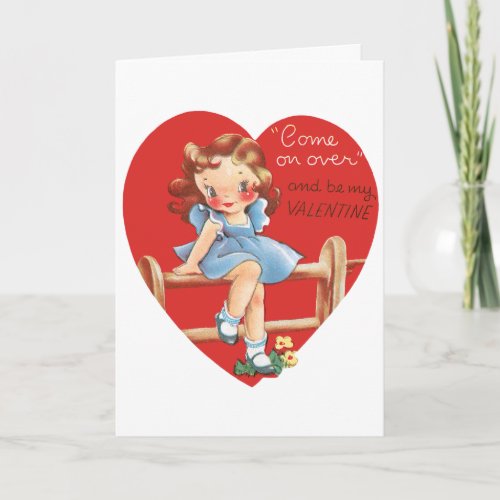 Vintage Retro Valentines Day Girl on a Fence Holiday Card