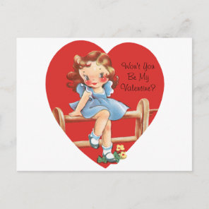 Vintage Retro Valentine's Day, Girl on a Fence Holiday Postcard