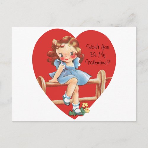 Vintage Retro Valentines Day Girl on a Fence Holiday Postcard