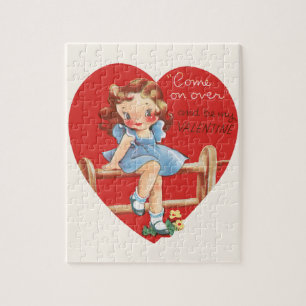 Vintage Retro Valentine's Day, Girl on a Fence Jigsaw Puzzle