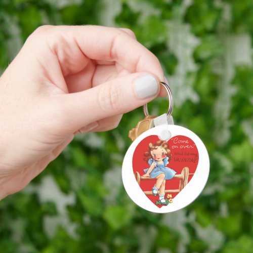 Vintage Retro Valentines Day Girl on a Fence Keychain