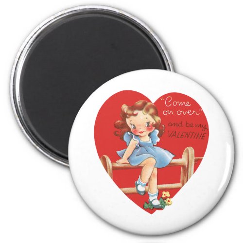 Vintage Retro Valentines Day Girl on a Fence Magnet