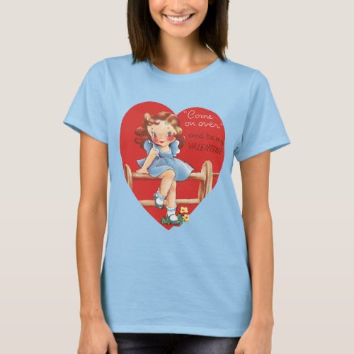 Vintage Retro Valentines Day Girl on a Fence T_Shirt