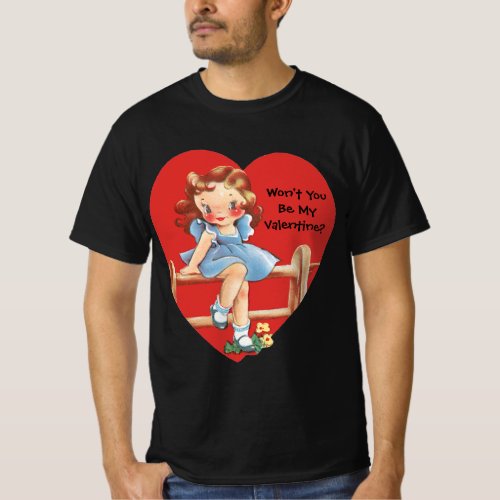 Vintage Retro Valentines Day Girl on a Fence T_Shirt
