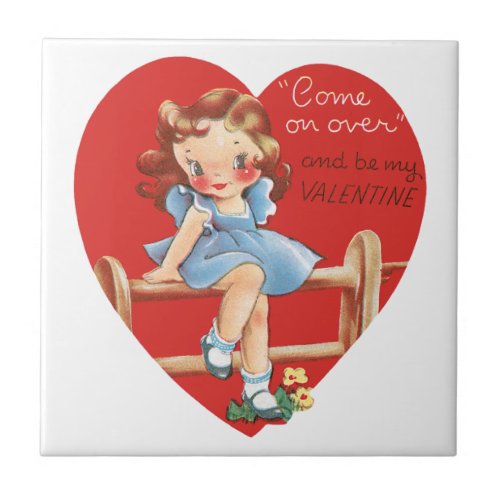 Vintage Retro Valentines Day Girl on a Fence Tile