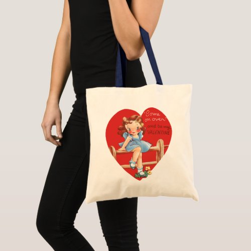 Vintage Retro Valentines Day Girl on a Fence Tote Bag