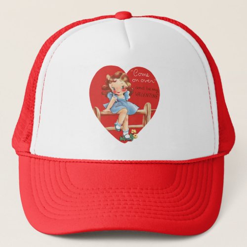 Vintage Retro Valentines Day Girl on a Fence Trucker Hat