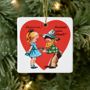 Vintage Retro Valentine's Day, Girl with Cowboy Ceramic Ornament