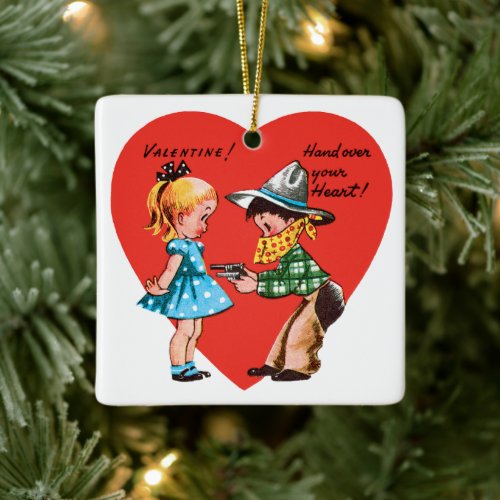 Vintage Retro Valentines Day Girl with Cowboy Ceramic Ornament