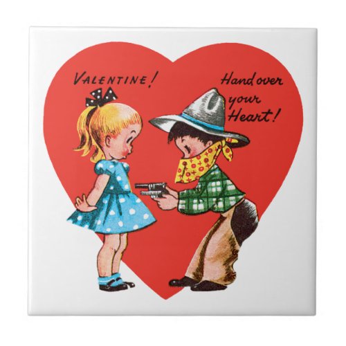 Vintage Retro Valentines Day Girl with Cowboy Ceramic Tile
