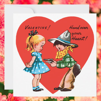 Vintage Retro Valentine's Day  Girl With Cowboy Holiday Card by YesterdayCafe at Zazzle