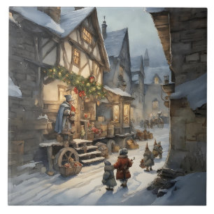 Vintage Retro Watercolor Christmas Village Ceramic Tile