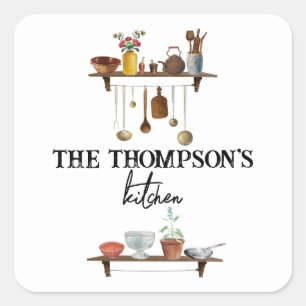 Vintage Retro Watercolor Kitchen Utensils Square Sticker