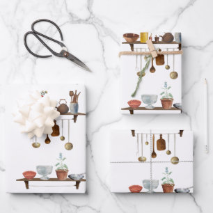 Vintage Retro Watercolor Kitchen Utensils Wrapping Paper Sheets