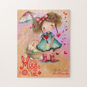 Vintage Retro Watercolor Little Girl Easter Basket Jigsaw Puzzle