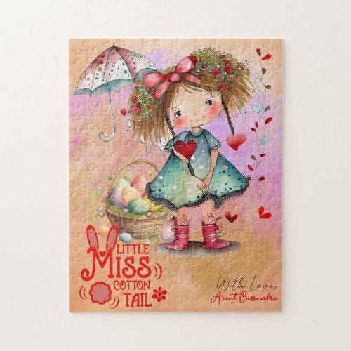 Vintage Retro Watercolor Little Girl Easter Basket Jigsaw Puzzle