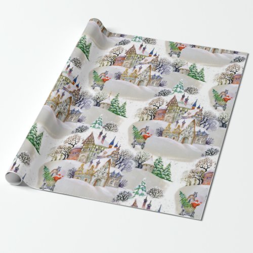 Vintage Retro Watercolor Winter Country Christmas Wrapping Paper