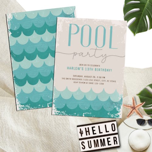 Vintage Retro Waves Pool Party Birthday Invitation