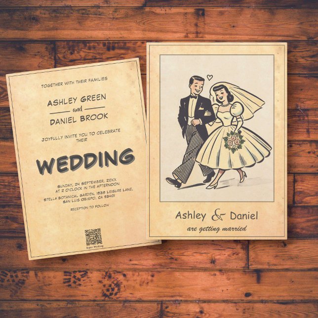 Vintage Retro Whimsical Couple 50s Comic Wedding Invitation (Creator Uploaded)