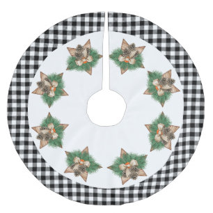 Vintage retro white and black tartan wooden star brushed polyester tree skirt
