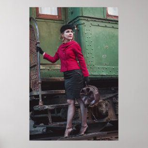 Vintage retro woman at train station poster