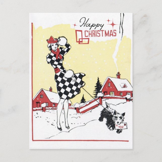 Vintage retro woman dog Christmas postcard (Front)