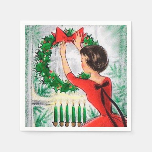 Vintage retro woman wreath Christmas party napkins