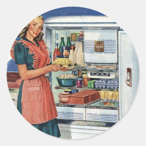 Vintage Retro Women 50s Kitchen Full Refrigerator Classic Round Sticker