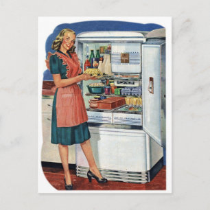 Vintage Retro Women 50s Kitchen Full Refrigerator Postcard
