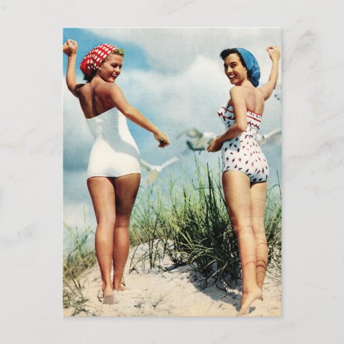 Vintage Retro Women 60s Surfing Beach Girls Postcard