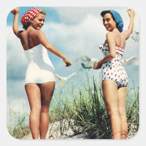 Vintage Retro Women 60s Surfing Beach Girls Square Sticker