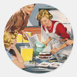 Vintage Retro Women Ad Let's Bake a Cake Classic Round Sticker