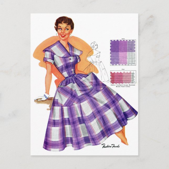 Vintage Retro Women Fashion Frock Plaid Ad Postcard (Front)