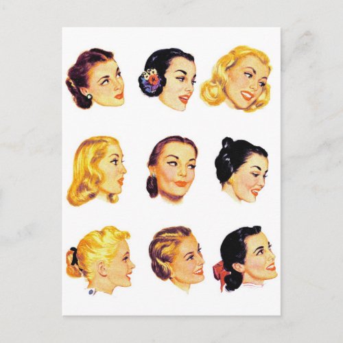 Vintage Retro Women Kitsch 50s Head Portraits Postcard