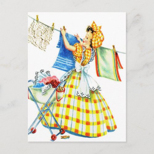 Vintage Retro Women Kitsch Laundry Day Postcard