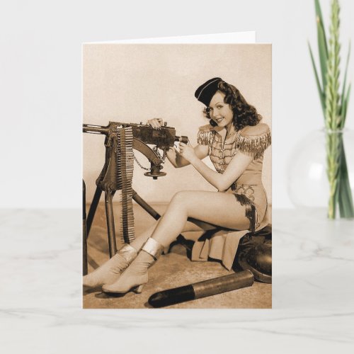Vintage Retro Women Machine Gunner Girl Card