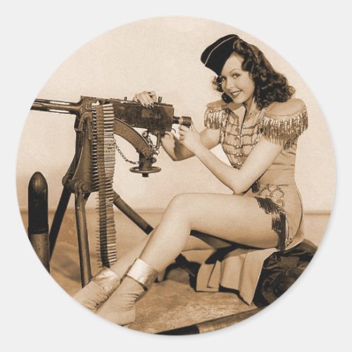 Vintage Retro Women Machine Gunner Girl Classic Round Sticker