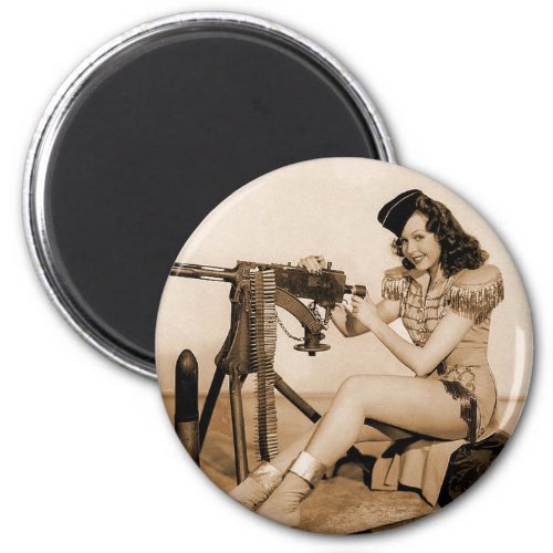 Vintage Retro Women Machine Gunner Girl Magnet