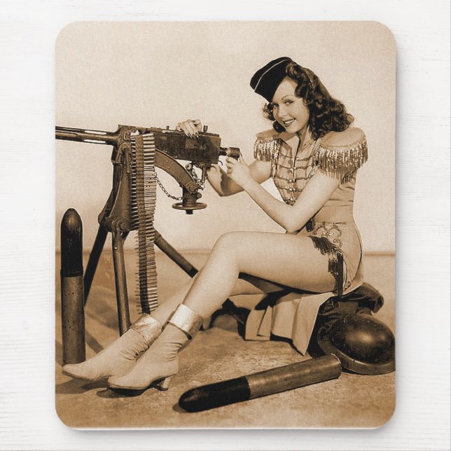 Vintage Retro Women Machine Gunner Girl Mouse Pad (Front)